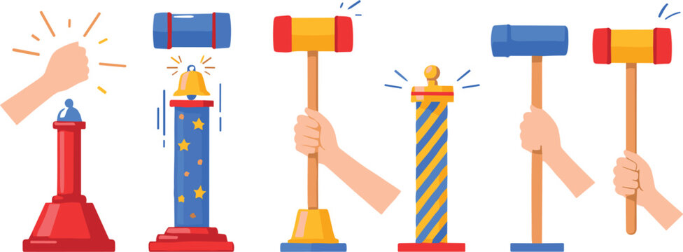 Colorful vector illustrations of carnival high striker game with hammer strength test and winning bell।