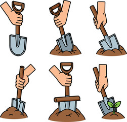 Colorful vector illustrations of hands using shovels for gardening digging soil and planting seedlings।