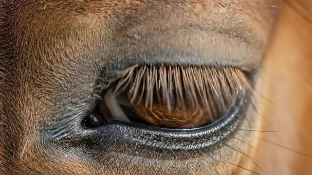Closeup of a horse eye capturing nature reflections in progressive focus sequence