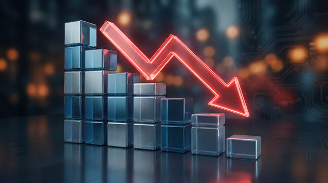 Glass cubes stacked to illustrate stock decline with a glowing red arrow symbolizing recession and loss.
