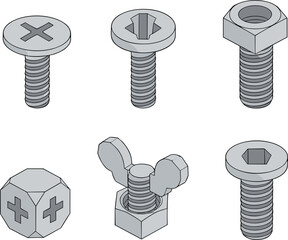 Isometric vector illustrations of assorted metal screws bolts and hardware fasteners for construction and engineering।