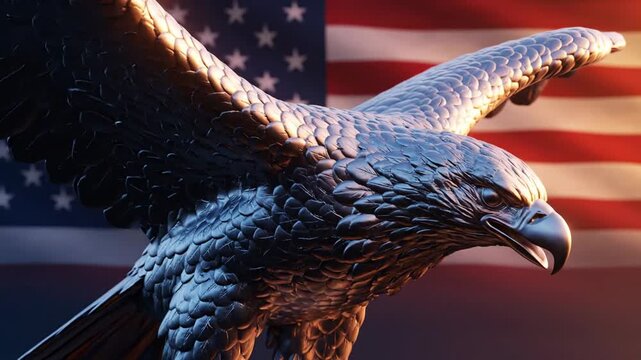 Majestic Bald Eagle Soaring Against Waving American Flag in Dramatic Sunlight
