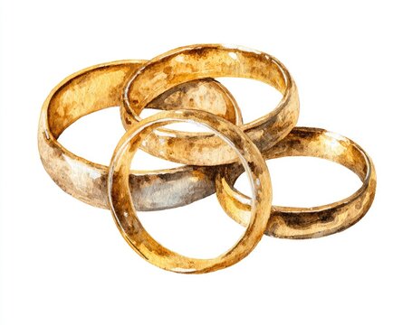 Watercolor of five interlocked golden rings, overlapping on white background
