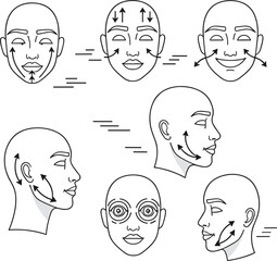 Professional black line vector illustrations showing face yoga exercises and facial massage techniques for skincare guide।