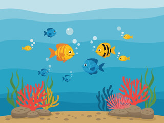 Colorful Fish Swimming in Ocean Scene.