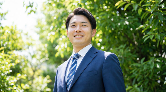 Professional portrait generic a man wearing a suit and tie in a business headshot with a natural green background