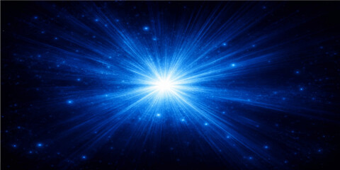 Abstract blue space background featuring glowing stars and bright energy rays in a dark night sky design with a shimmering light burst and cosmic flare illustration © Fahid