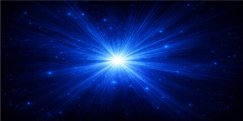 Fototapeta premium Glowing abstract blue background featuring a bright star burst and glowing light rays within a dark cosmic galaxy space design for a festive Christmas night illustration