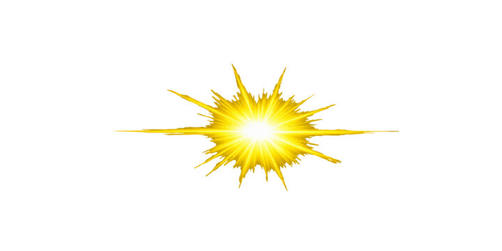 A bright yellow sun vector illustration featuring a hot summer star icon and orange sunlight rays designed as a warm weather symbol for a clear sky day