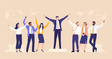 Business Synergy Team. Group  of a successful professionals surrounded by gears, charts, arrows, and  symbolising collaboration, strategy, communication, and continuous success