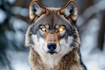 Fototapeta premium Wolf with radiant eyes reflects the power of the moon in a mystical forest setting under twilight sky