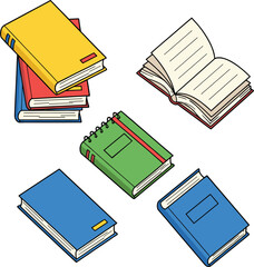 Colorful vector illustration of stacked books open textbook and spiral notebook for education and library concepts।