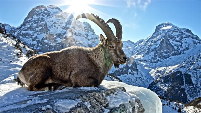 A majestic ibex resting on a snowy rocky outcrop with snow-capped mountains in the background under a clear blue sky
