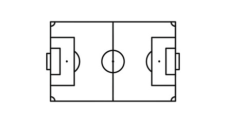 A minimalist black and white illustration depicts a soccer field with goalposts as dark silhouettes high quality professional detailed modern elegant stylish © RMvectors02