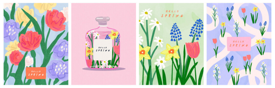 Spring set of the cutest cards, posters for the spring holiday with wildflowers, Narcissus flower, tulips, daisies. Hand drawn Floral art templates for Womens Day, birthday, Mothers Day, Easter decor