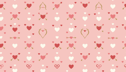 Cute seamless pattern with hearts Cupids bows and arrows on pink for Valentines Day background