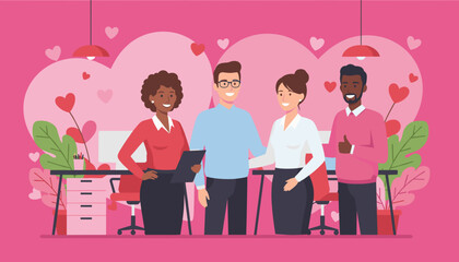 Happy diverse business team celebrating workplace love in a pink office setting with hearts