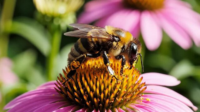 Close-up of a fuzzy bee collecting pollen from a vibrant pink coneflower in sunlight.