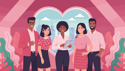 Diverse business team smiling with tablet against a heartshaped city window