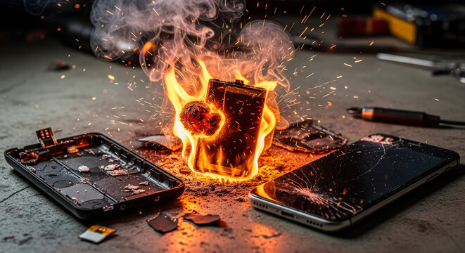 A swollen lithium battery that bursts and catches fire, a damaged external battery case indicates a risk of overheating, explosion of the smartphone