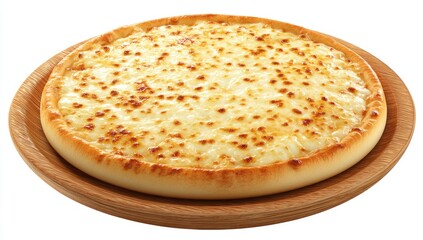 A cheesy, golden-brown pizza sits atop a rustic wooden serving board, isolated on white