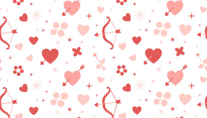 Valentines Day seamless pattern with hearts Cupid bows and arrows in pink and red tones