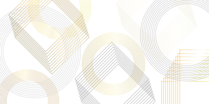 Elegant geometric line art background with circles and squares in gold and grey isolated on transparent background, Vector, illustration