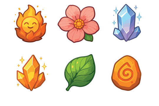 Set of six fantasy game icons featuring a cute fire character, a pink flower, sparkling blue and orange crystals, a green leaf, and a magical stone with a spiral symbol