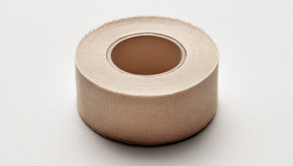 A close-up studio shot of a roll of tan-colored medical tape on a white surface