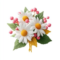 Whimsical bouquet of white daisies with yellow centers, pink berries, and green foliage