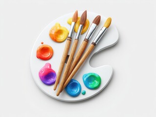 White paint palette holds paintbrushes & colorful paint blobs on a white backdrop