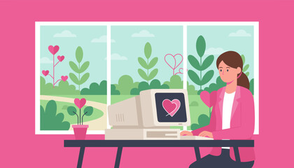 Woman using retro PC with a heart on screen suggesting online dating romance and digital connection