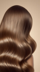 Fototapeta premium Elegant Long Brown Hair with Soft Waves on Neutral Beige Background Under Studio Light