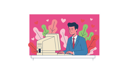 Office worker uses retro computer digital romance and business communication illustration