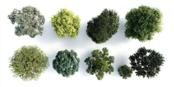 Overhead view of diverse trees with shadows, isolated on a bright white background
