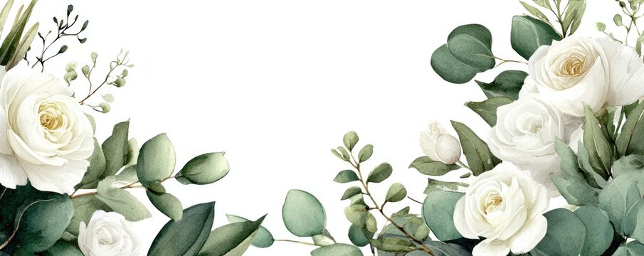 Watercolor floral arrangement with white roses and eucalyptus leaves