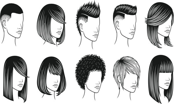 Collection of various modern hair styles for men and women including afro undercut bob fringe and spiky hair vector icons