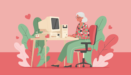 Vintage computing Smiling senior woman working on old PC at home office desk