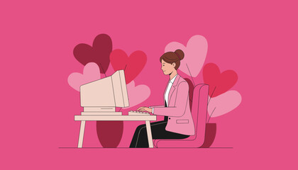 Businesswoman working on a retro computer amidst floating hearts Online romance Valentines Day illustration