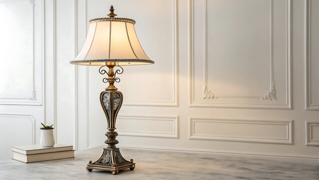 An elegant table lamp with a classic design stands against a plain transparent background 