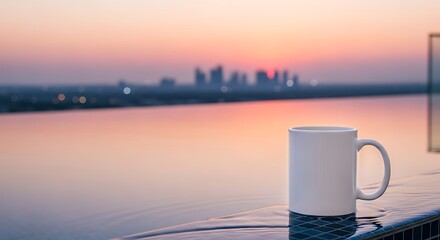 White coffee mug by calm waterfront at sunrise with distant city skyline