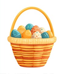 A wicker basket overflowing with colorful, decorated Easter eggs, with a yellow handle