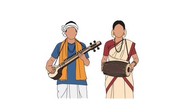 Indian Musicians Playing Traditional Instruments Veena and Mridangam, Vector Illustration of Folk Music Performance, Cultural Event and Artistic Concept