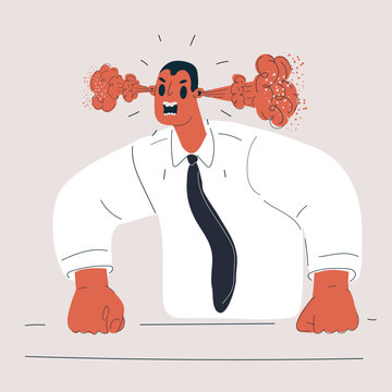 Cartoon vector illustration of angry male boss with steam coming from ears, slamming hands on desk, workplace frustration concept