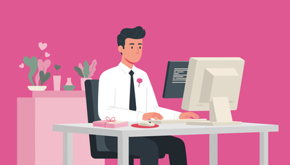 Professional man typing on a desktop computer in a pink office setting decorated with hearts and gifts