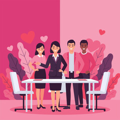 Team of professionals finalizing an agreement in a pink loving office setting Business partnership concept