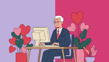 Senior businessman working at a computer surrounded by heartshaped plants symbolizing love and passion