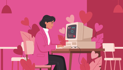 Smiling woman using a vintage computer surrounded by pink hearts and tropical plants Retro tech concept