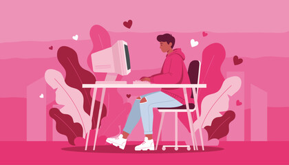 Young man chatting online at a retro desk surrounded by pink hearts and romantic foliage