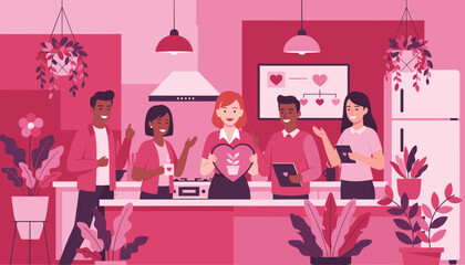 Diverse team in a pink kitchen promoting care and community growth with heart and plant illustrations